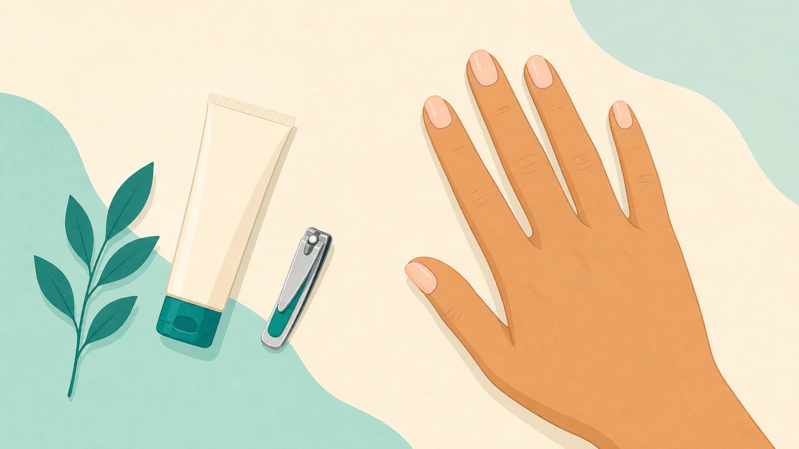 Illustration of a relaxed hand with five simple fingernails, a small bottle of hand cream and a pair of nail clippers on a soft background