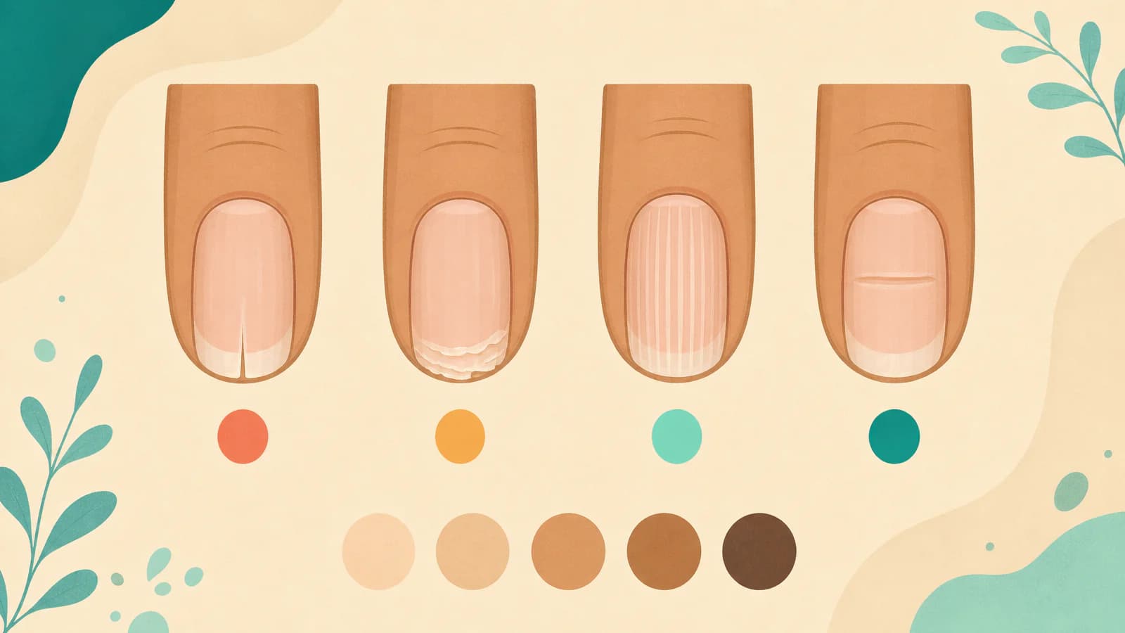Illustration of four fingernails side by side: a split tip, peeling layers, vertical ridges and a horizontal groove