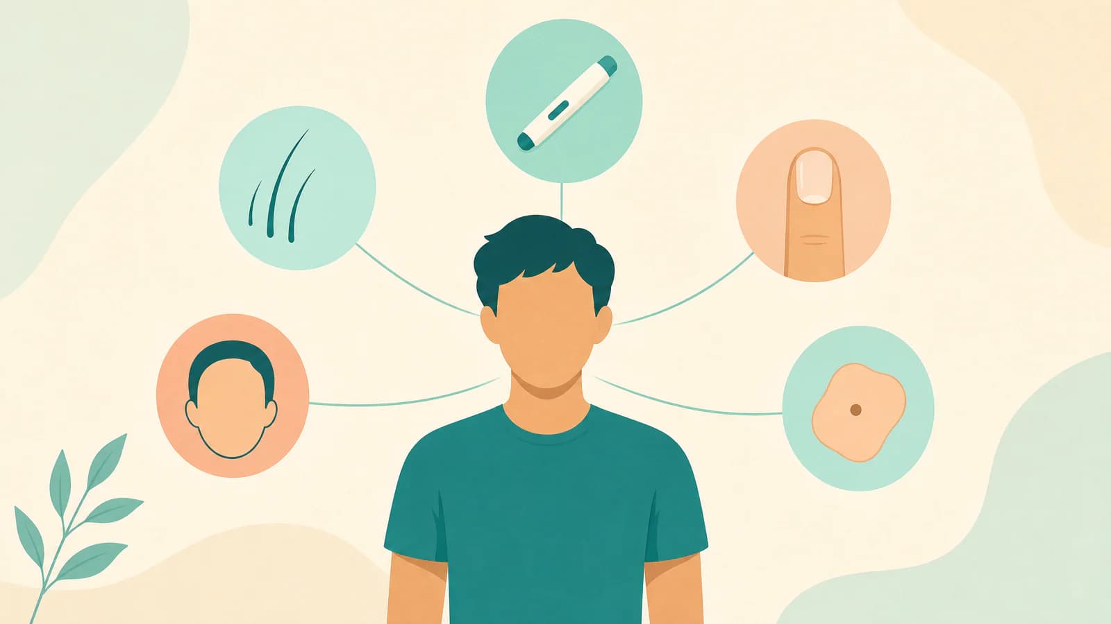 Illustration of a simple figure in a t-shirt surrounded by small icons for a hair strand, a weekly injection pen, a face, a fingernail and a skin patch