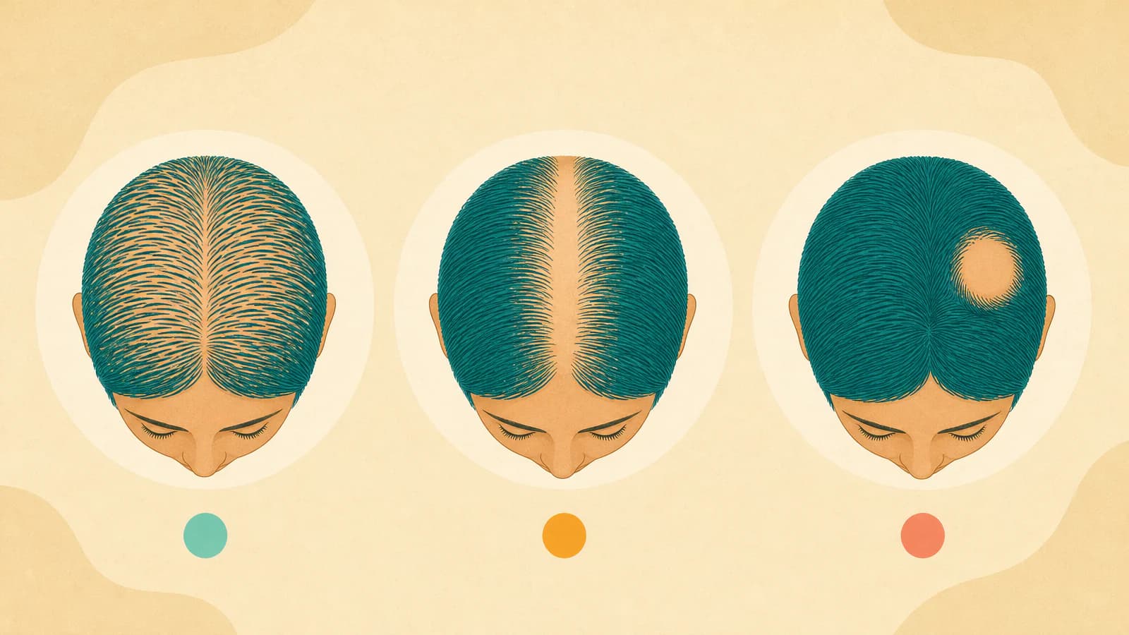 Illustration of three scalp views from above: even thinning all over, a widening part, and a round bare patch