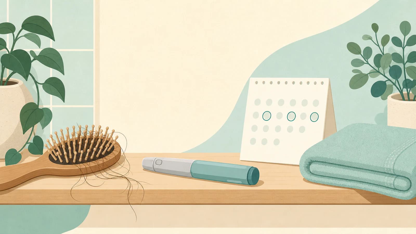 Illustration of a hairbrush with a few loose strands next to a generic weekly injection pen and a calendar page