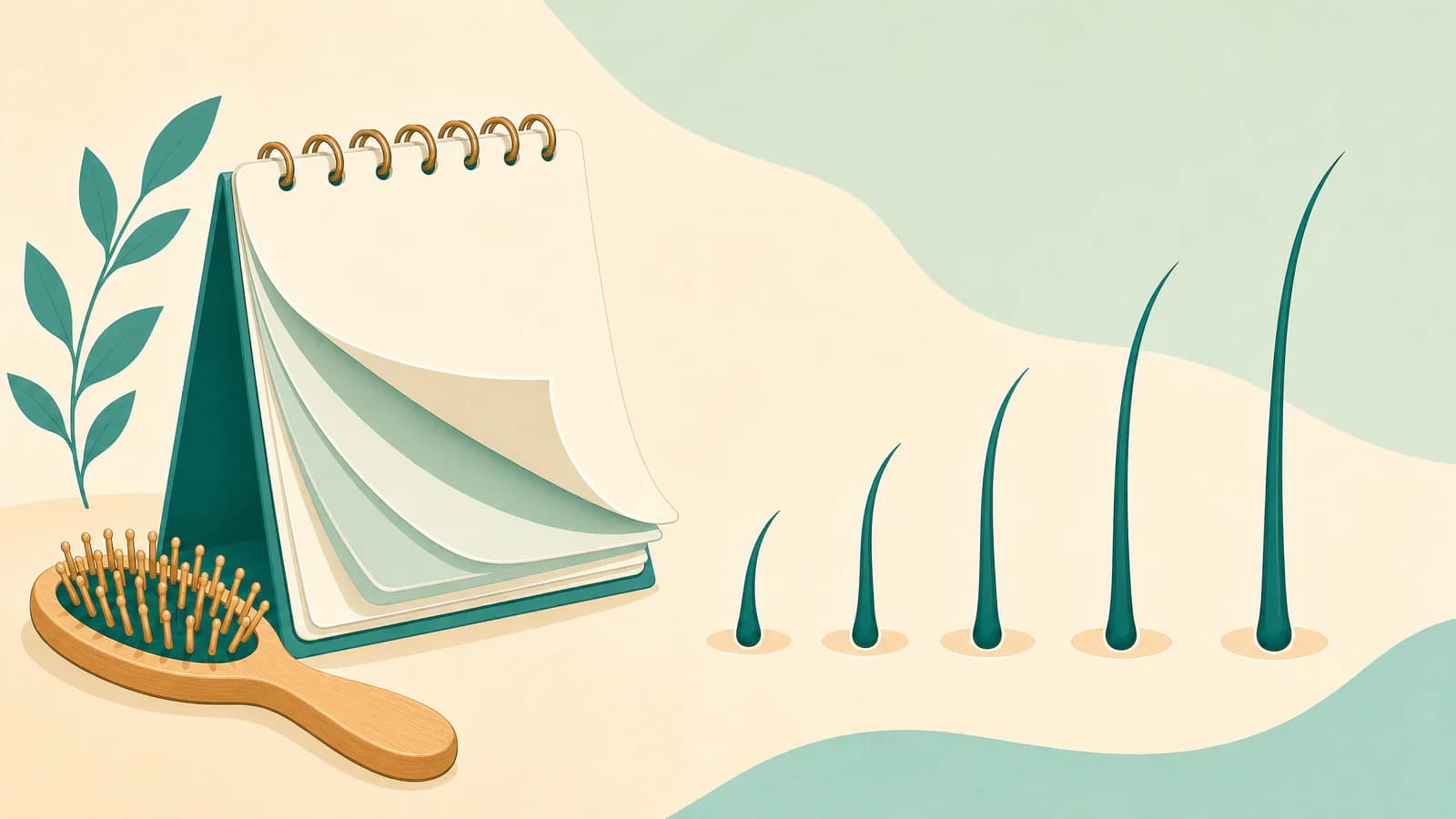 Illustration of a calendar page beside a hairbrush and a small row of short hairs growing taller from left to right
