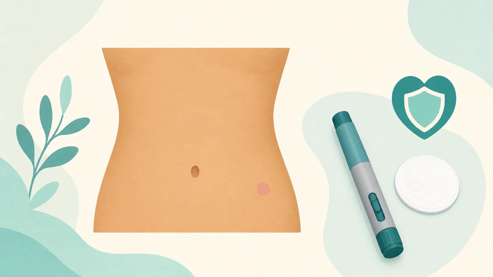 Illustration of an abdomen outline with one small pink spot at an injection site and a generic weekly injection pen beside it