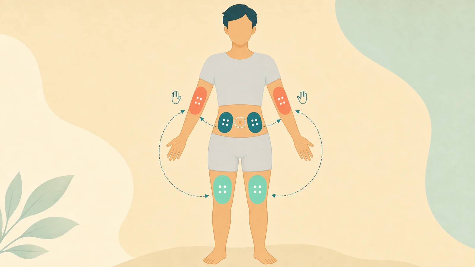 Illustration of a body outline with colour-coded injection areas on the stomach, thighs and back of the upper arm, and a ring around the belly button