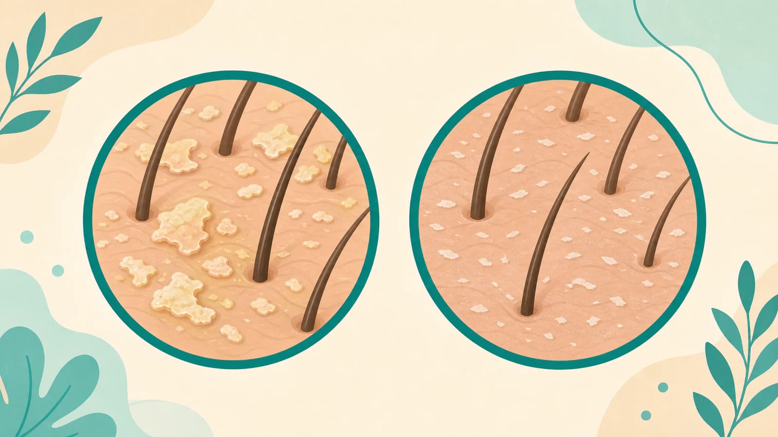 Comparaison entre des pellicules grasses jaunâtres et de petites squames blanches sèches du cuir chevelu