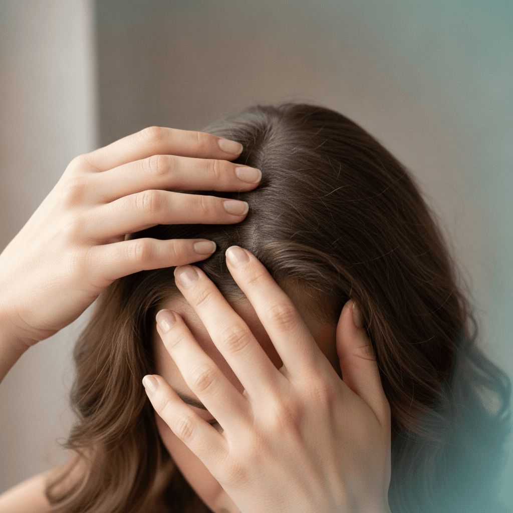 Person parting their hair to check the scalp in good light