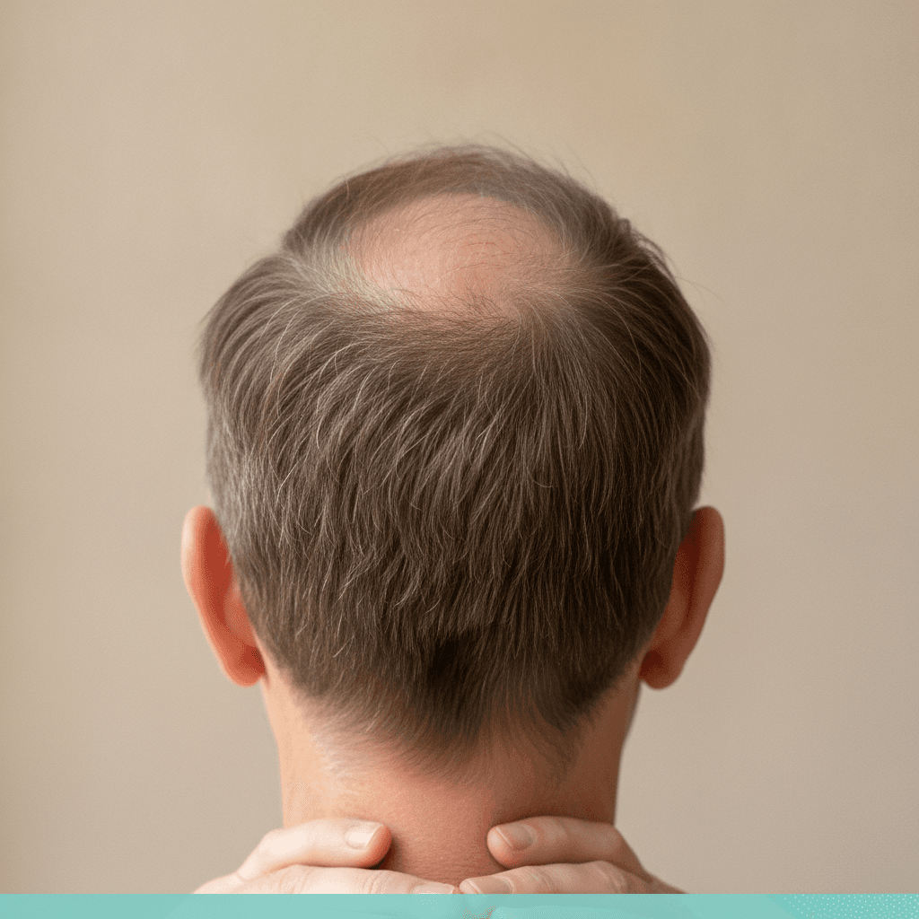 Top-back view of a scalp showing thinning at the crown swirl