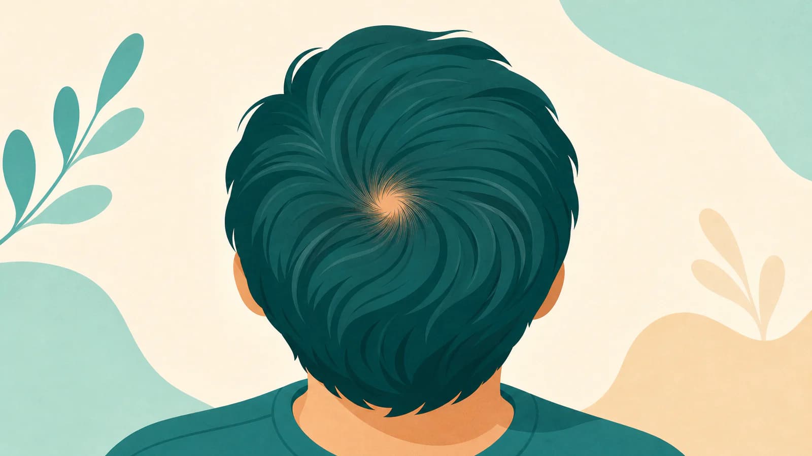 Illustration eines Hinterkopfs mit Haarwirbel und einer kleinen, breiter werdenden sichtbaren Kopfhautstelle am Oberkopf