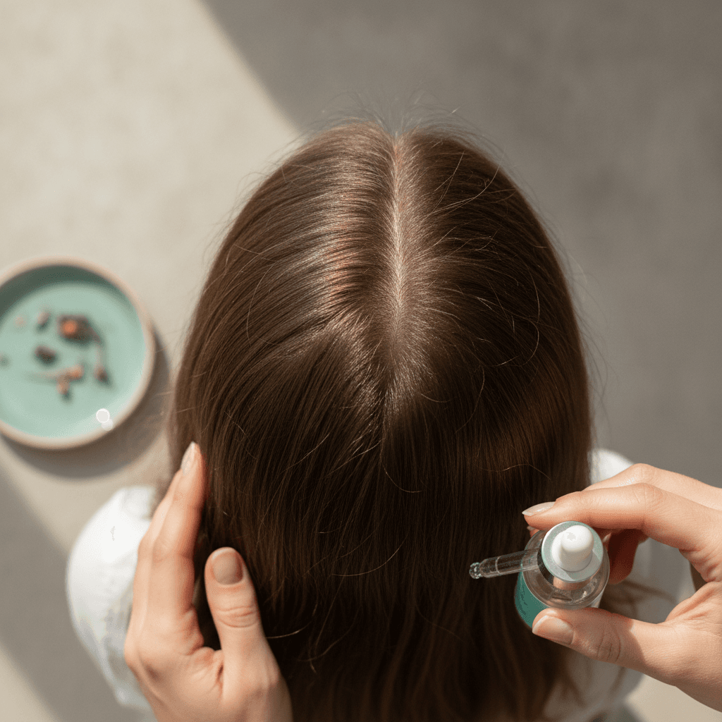 Top view of a scalp with a noticeably widened center part