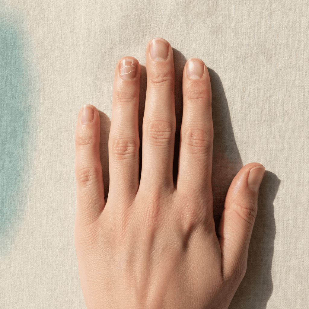 Close-up of fingernails that are splitting and peeling at the tips