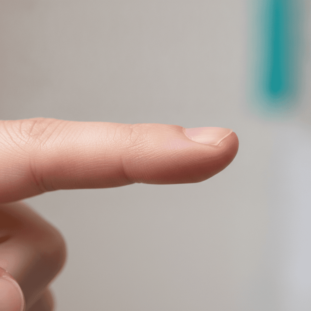 Side view of a finger with a bulbous, rounded tip and downward-curving nail