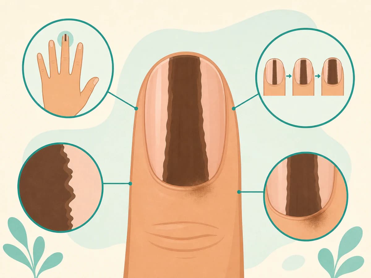 Diagramm, das einen dünnen gleichmäßigen Nagelstreifen an mehreren Nägeln mit einem breiten unscharfen Streifen an einem Nagel und Pigment auf der Haut vergleicht