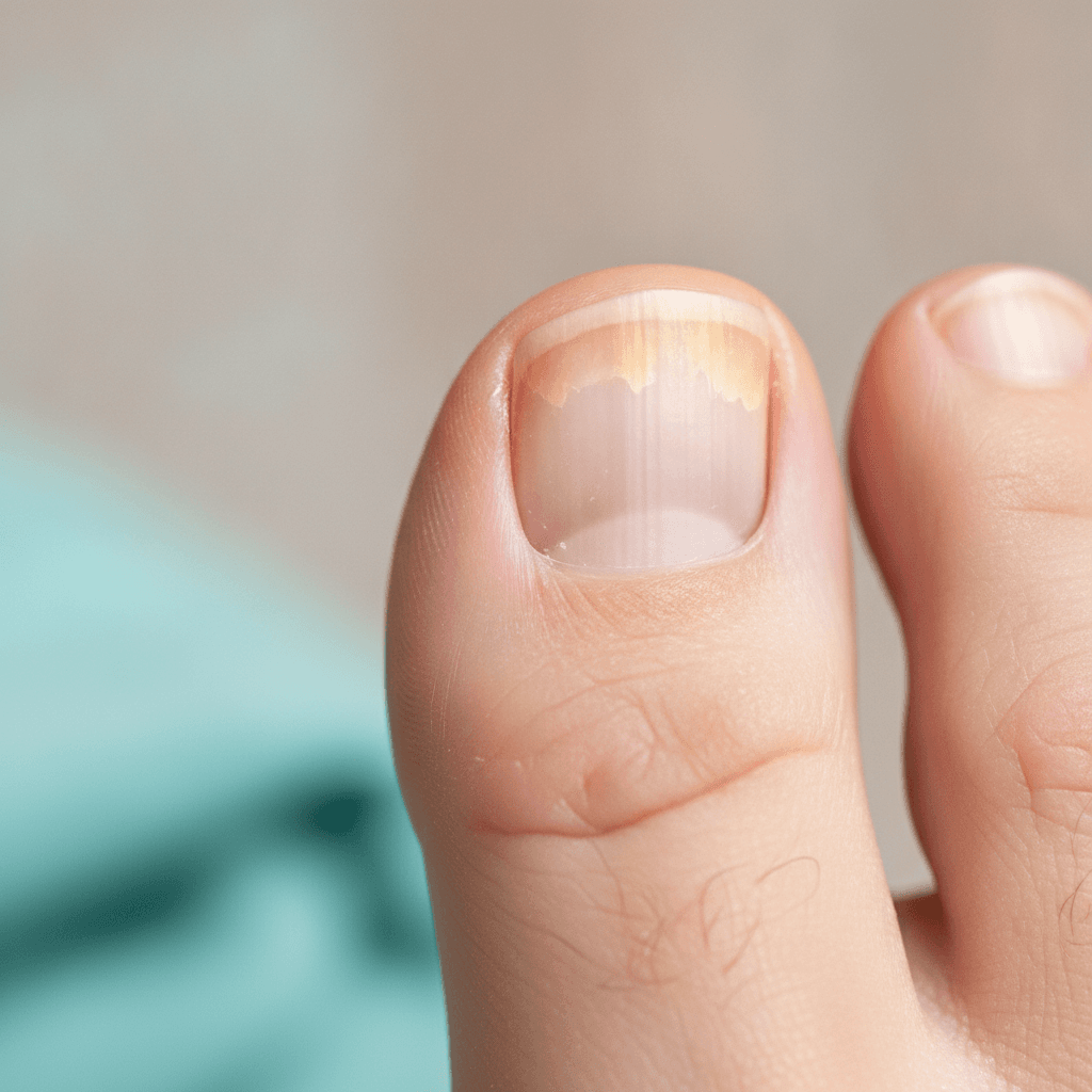 Toenail with yellow discoloration, thickening and crumbling at the edge