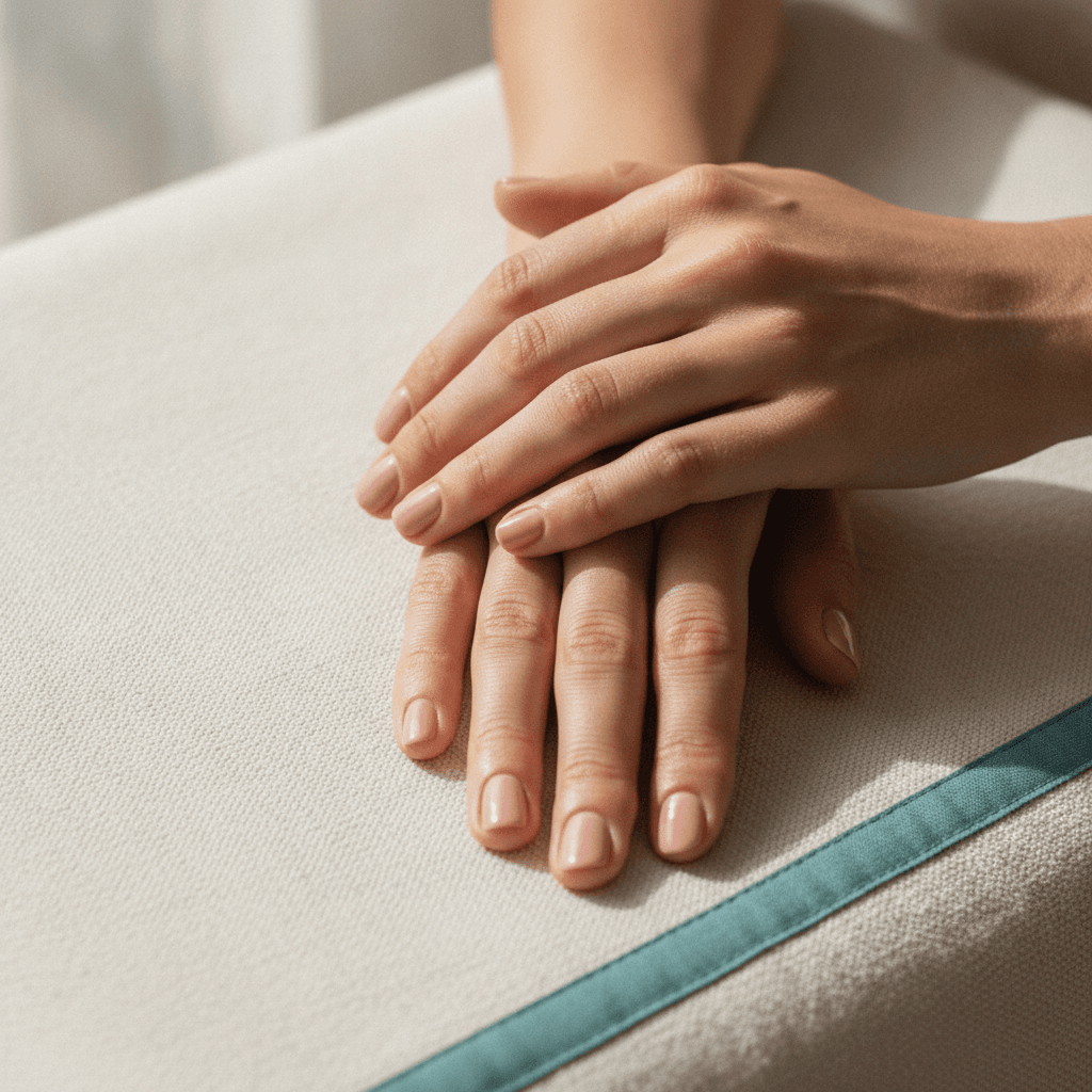 Close-up of two healthy adult hands with smooth, evenly colored fingernails