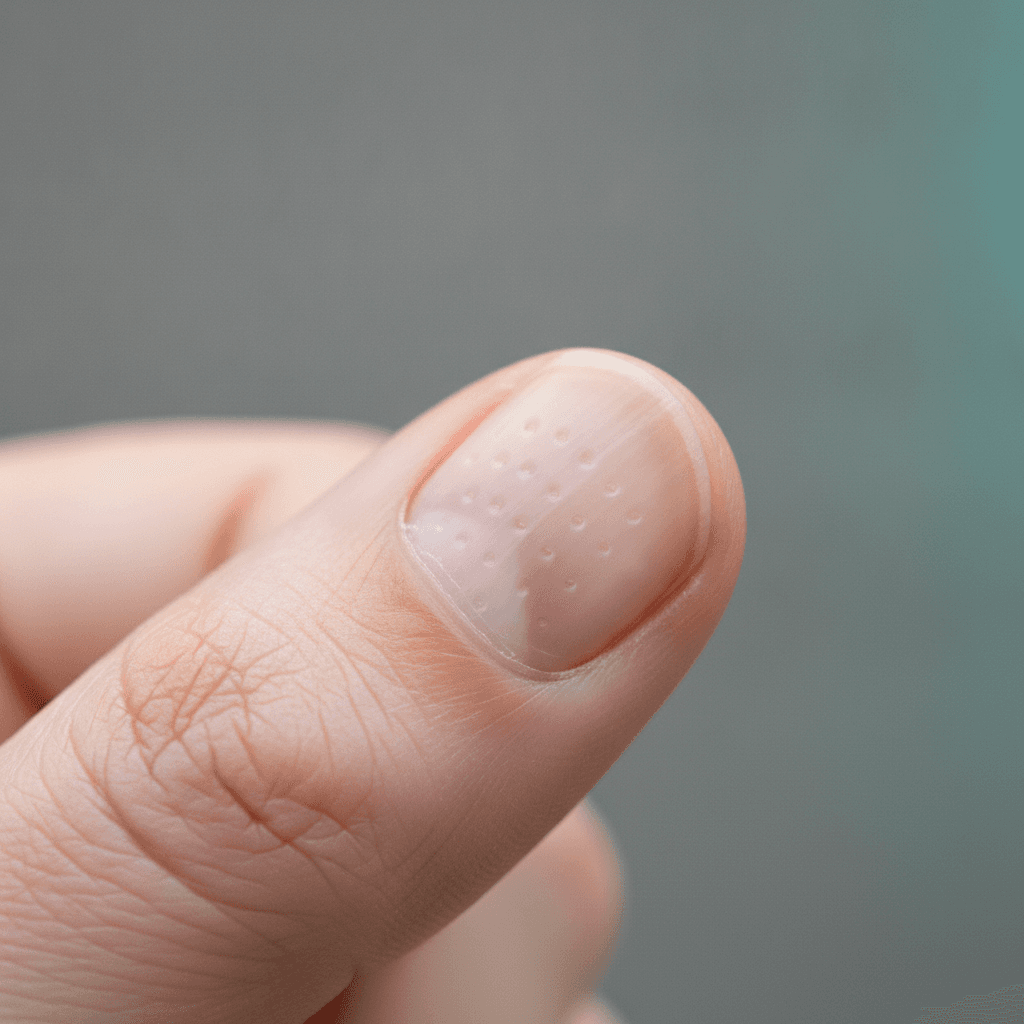 Close-up of a fingernail covered with small pinprick depressions