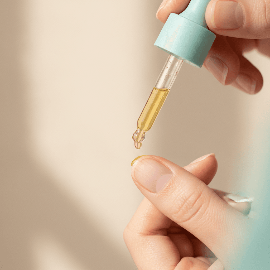 Hand applying cuticle oil to nails with fine vertical ridges