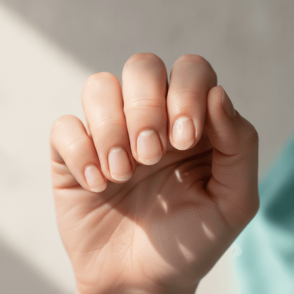 Close-up of nails showing brittleness and a slight spoon shape