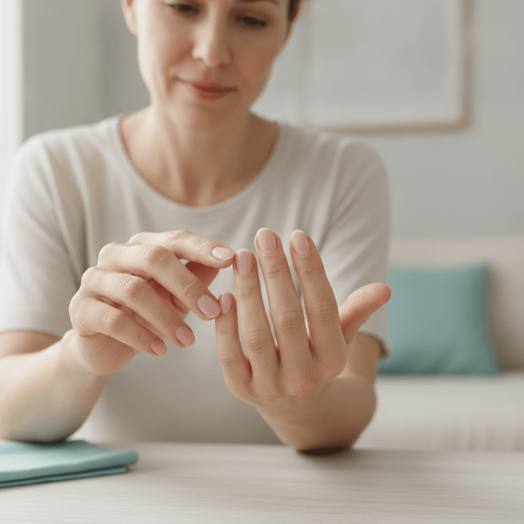 Person examining their fingernails closely in good light