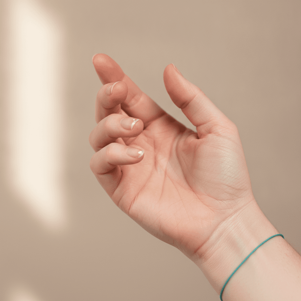 Close-up of a hand showing small white spots on several fingernails