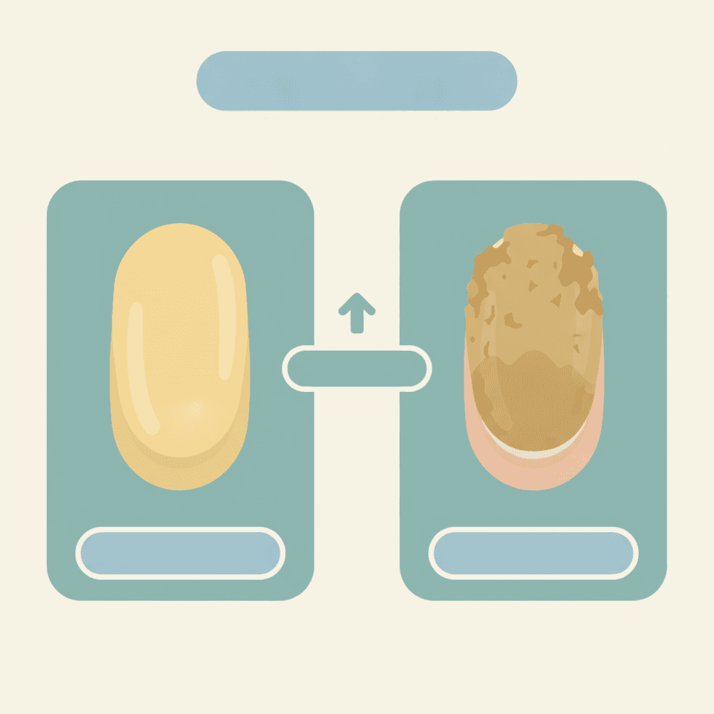 Comparison of an evenly stained yellow nail versus a thick, crumbling fungal nail