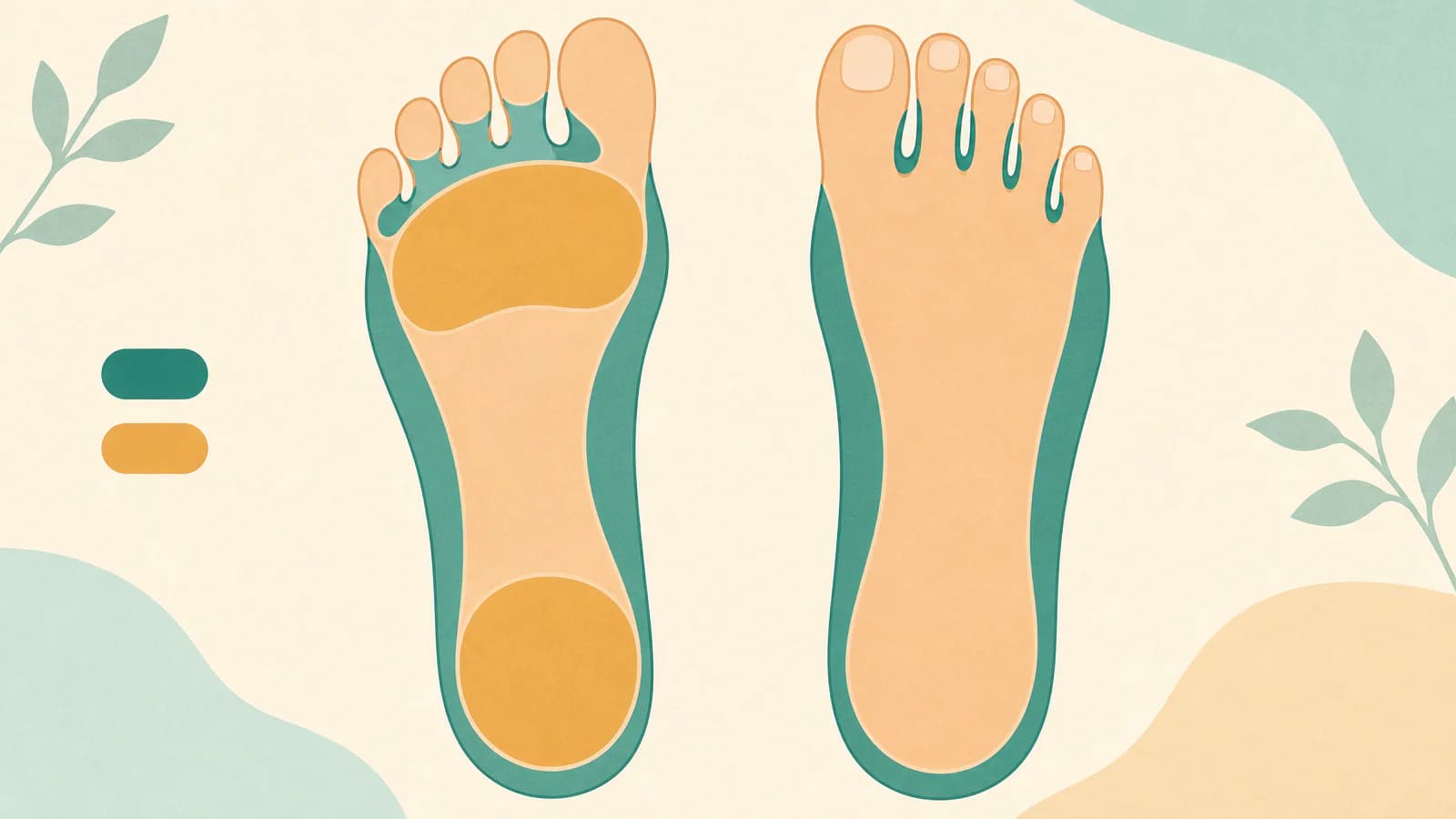 Foot map illustration marking the toe webs and the moccasin zone for athlete's foot and the heel and ball for dry skin