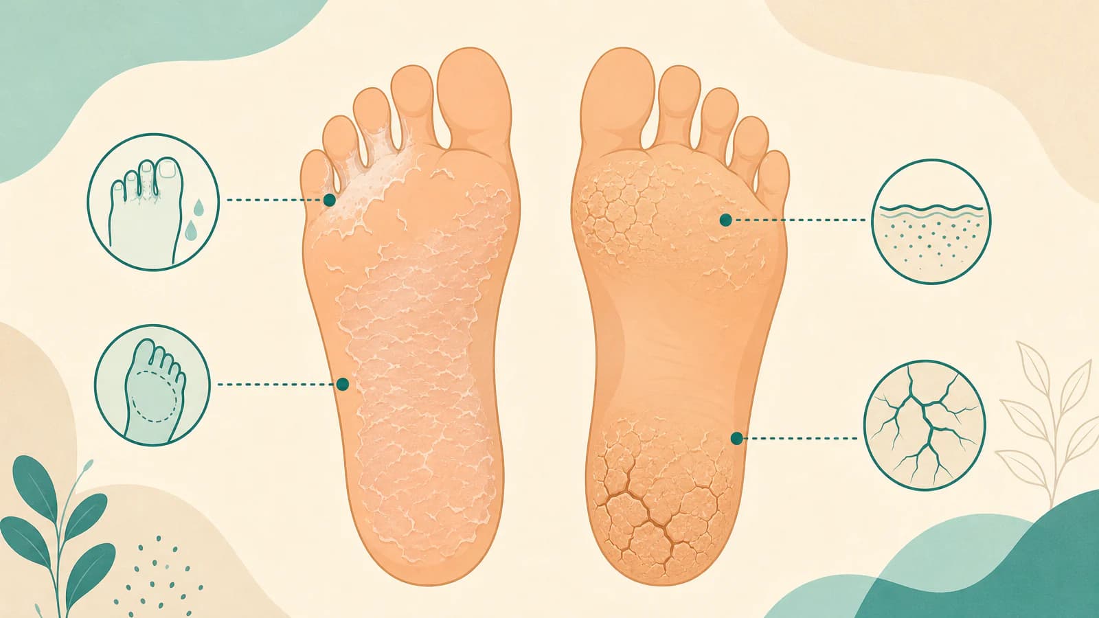 Illustration comparing soggy peeling skin between two toes with rough cracked heels on a dry foot