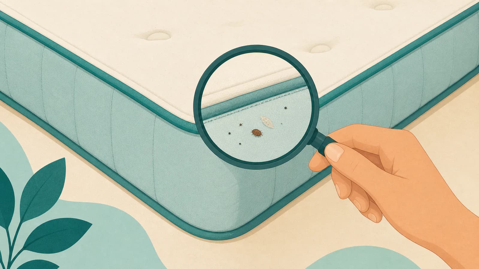 Illustration of a mattress seam checklist: tiny dark specks, shed skins and a small flat insect shape along a seam