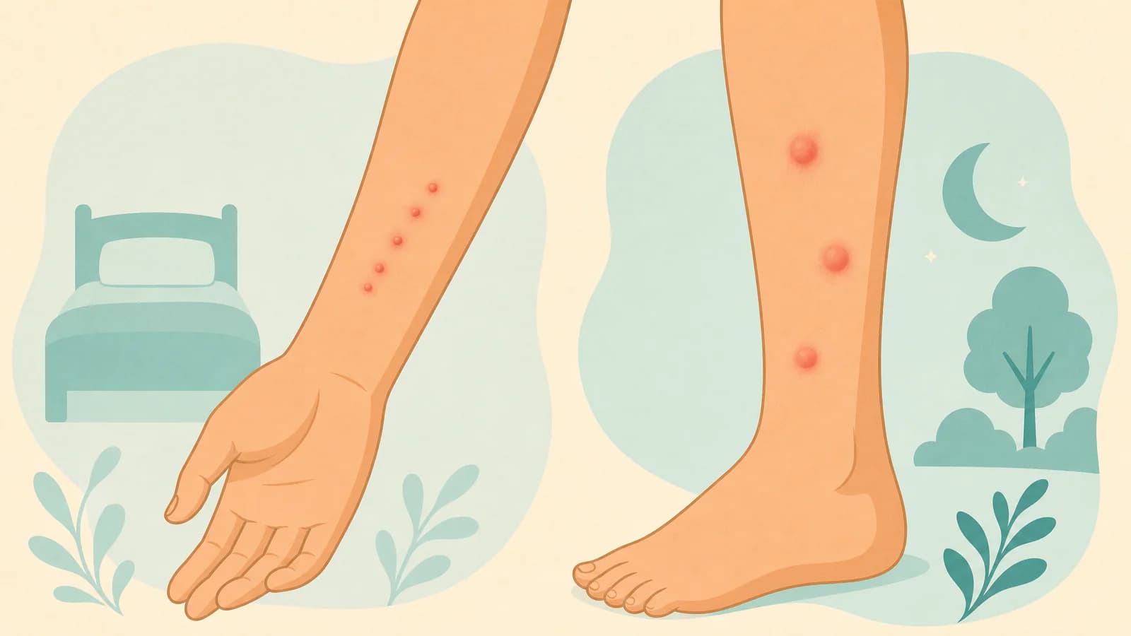 Illustration comparing bites in a short line or tight cluster on an arm with a few scattered puffy welts on a leg