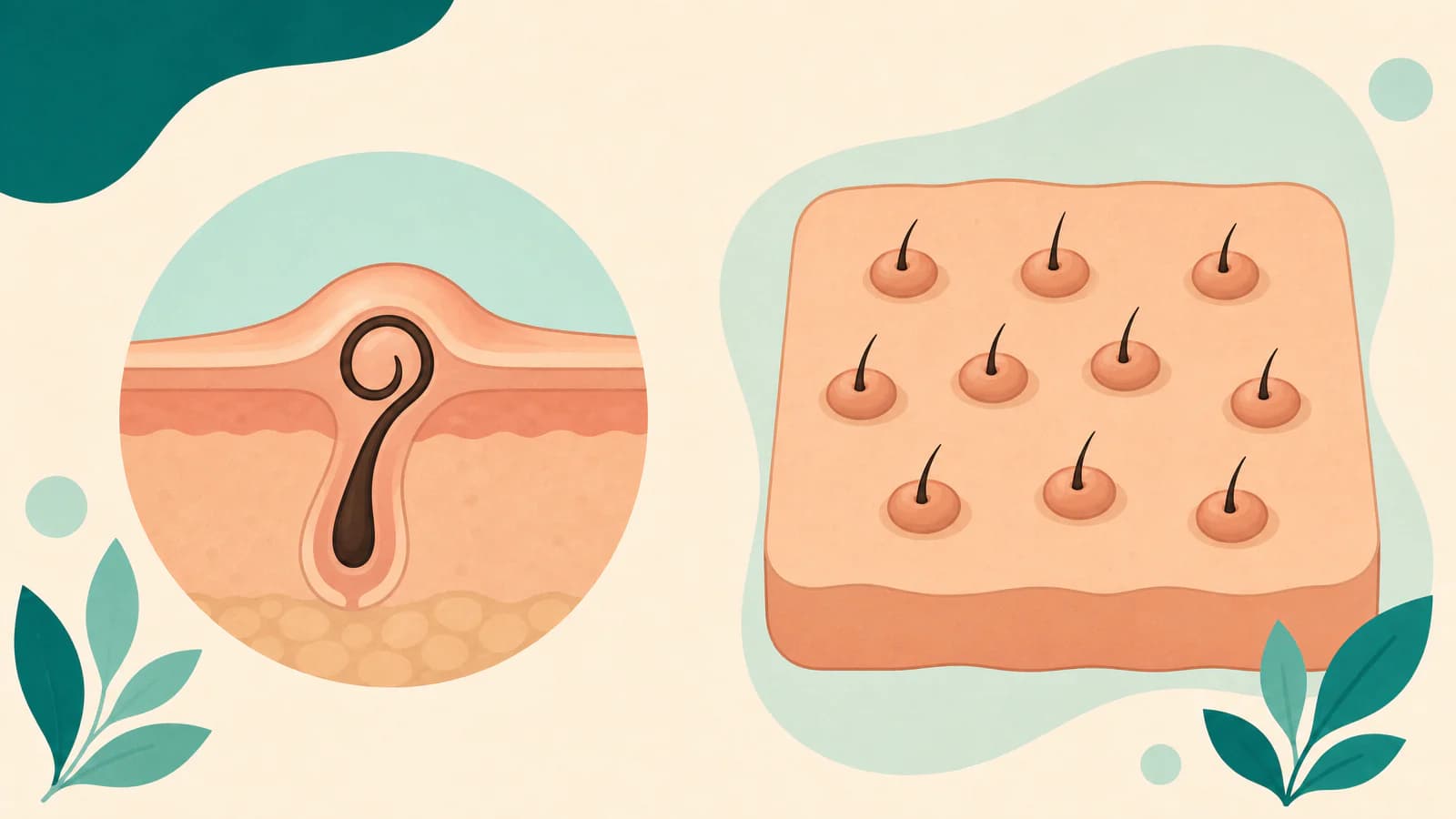 Illustration comparing one bump with a hair curled under the skin and a crop of small bumps each with a hair through the center