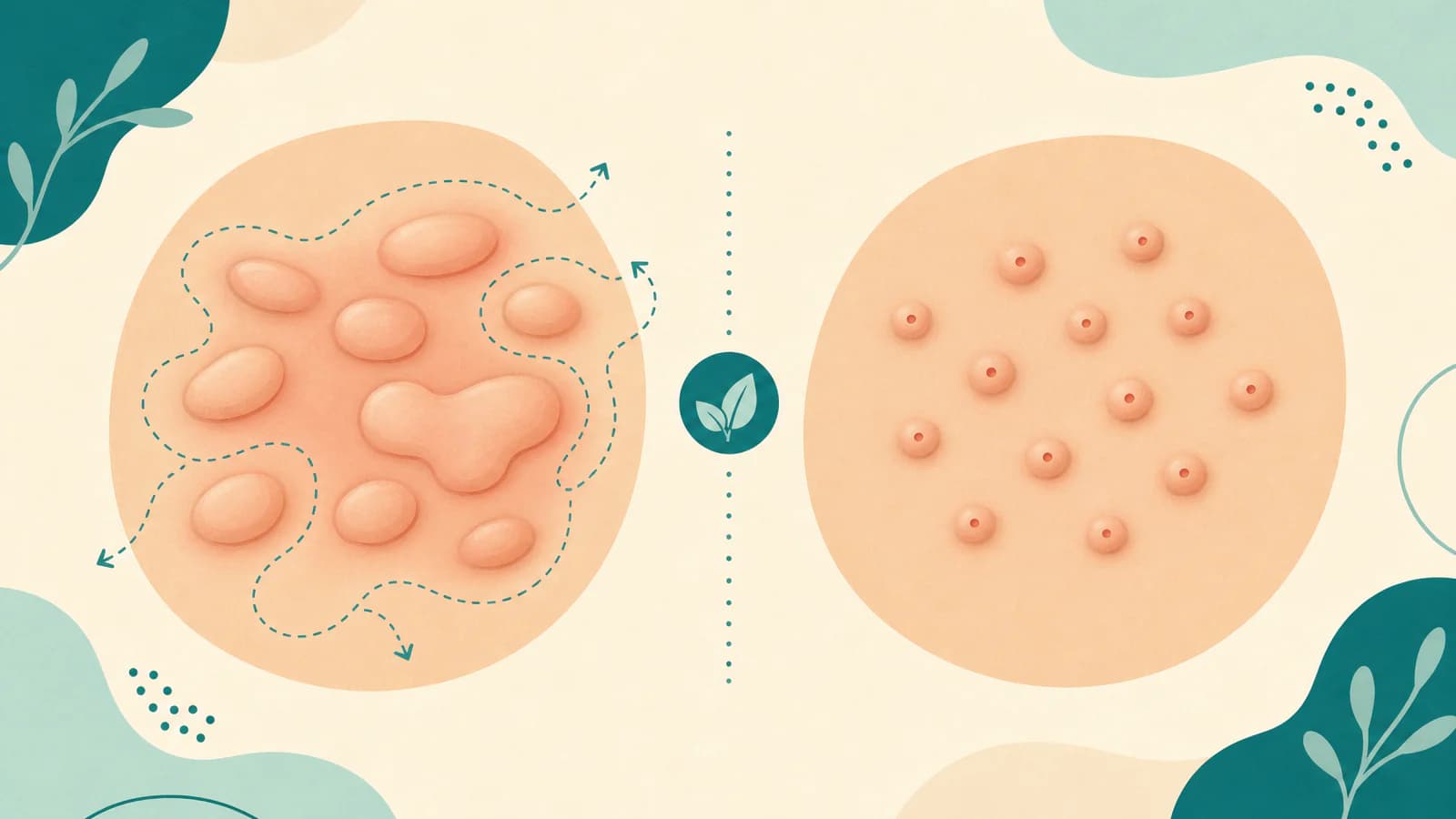 Illustration comparing large soft welts that merge and shift position with small round bumps that each have a tiny central dot