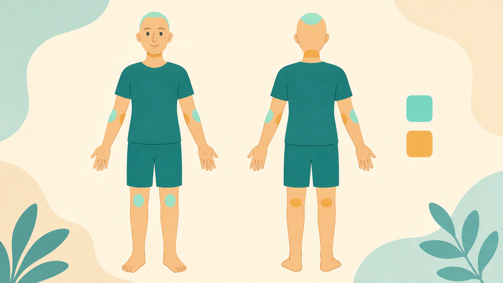 Body map illustration showing outer elbow and knee for psoriasis and inner elbow and back of knee for eczema