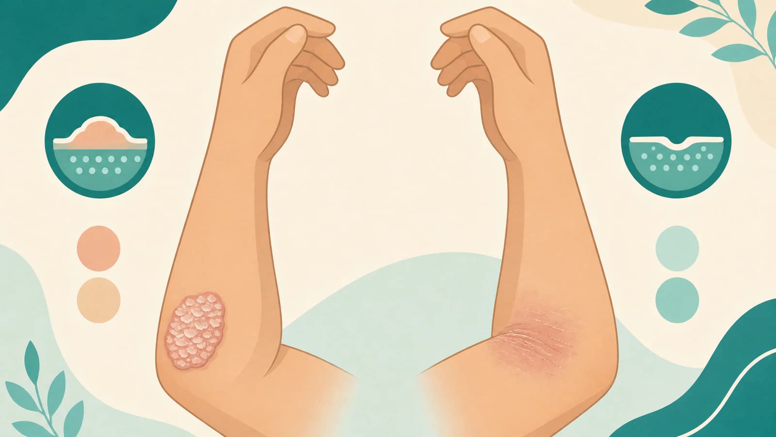 Illustration comparing a thick, sharply outlined plaque with silvery scale on an elbow and a blurry dry patch in an inner elbow crease