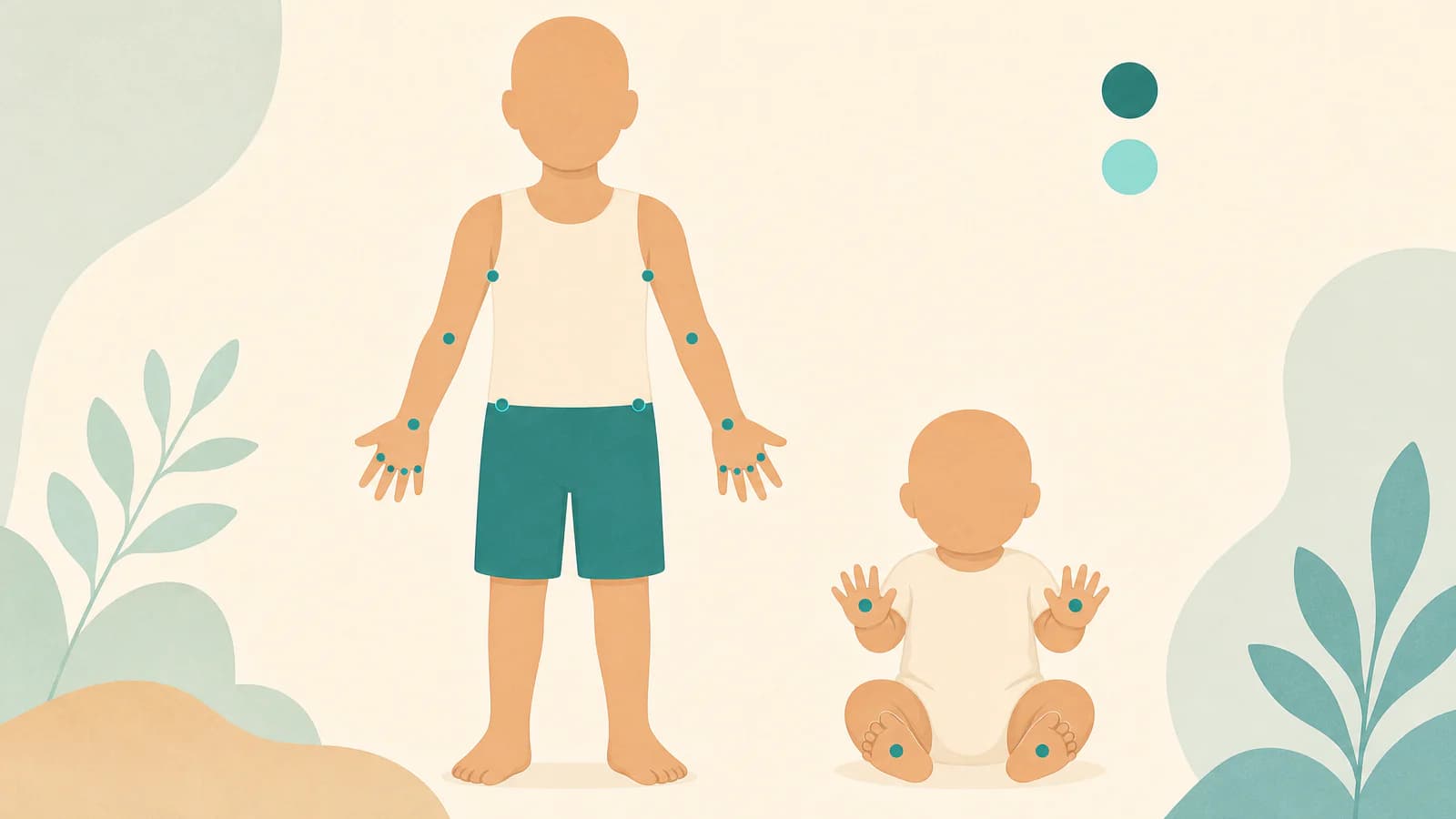 Body map illustration of typical scabies sites: finger webs, wrists, elbows, armpits, waistline and groin