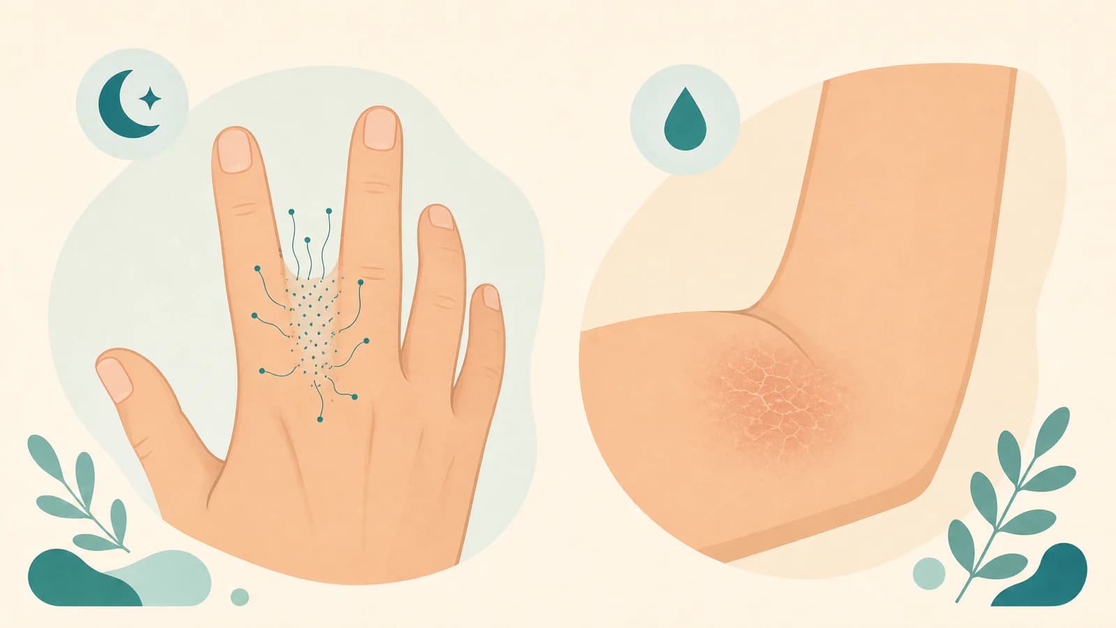 Illustration comparing tiny bumps with thin wavy burrow lines between fingers with a dry blurry patch in an inner elbow crease