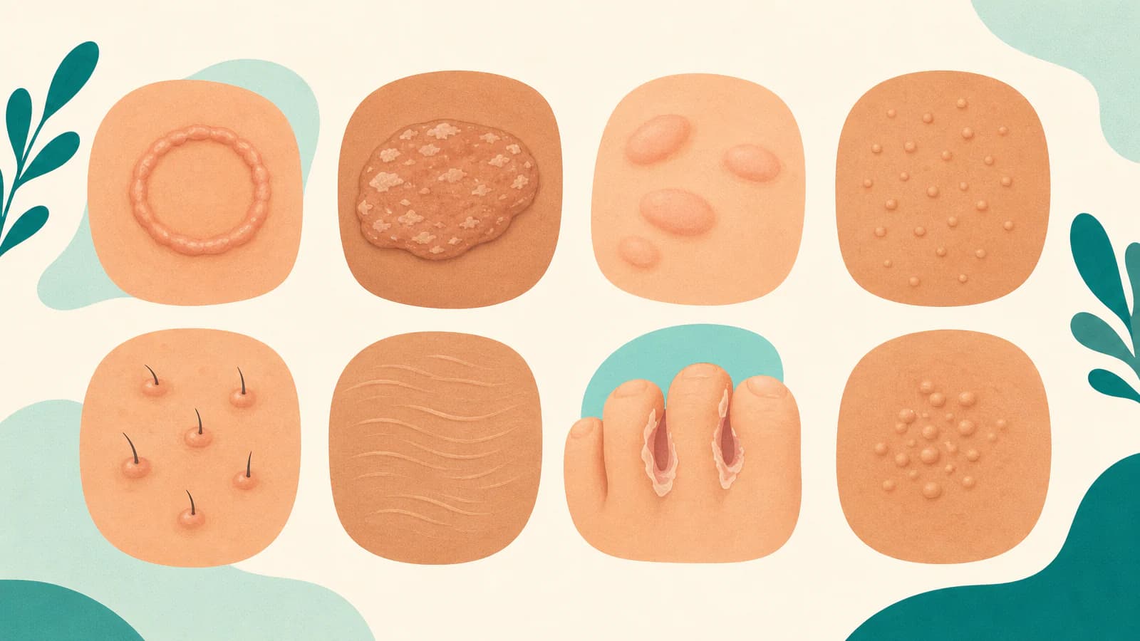 Grid of eight abstract skin swatches in varied skin tones, each with a different simple pattern such as a ring, welts, dots and lines
