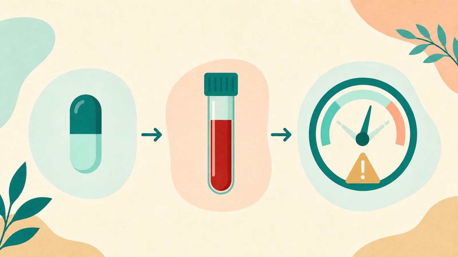 Diagram of a supplement capsule, a blood test tube and a lab result needle pushed too high or too low