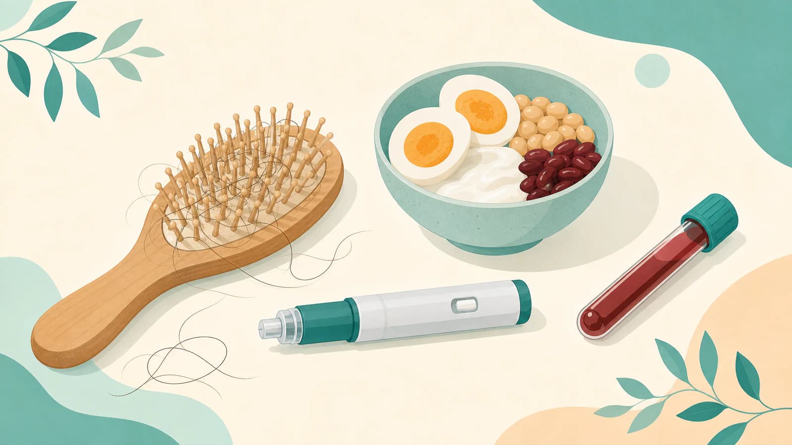 Illustration of a hairbrush with a few loose hairs next to a weekly injection pen, a bowl of protein foods and a blood test tube