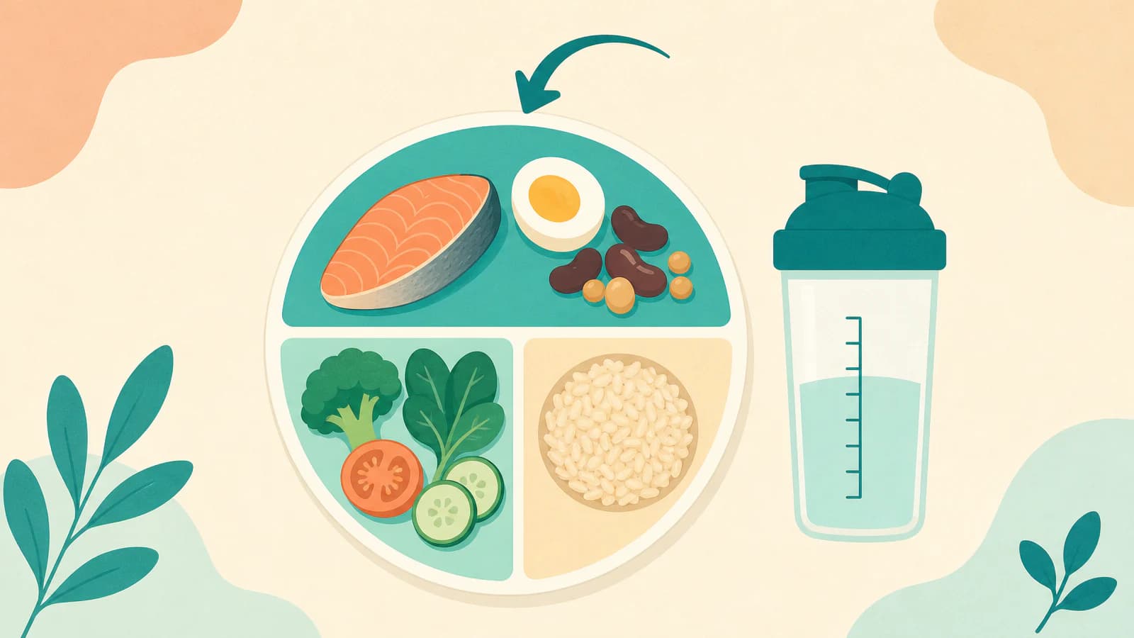 Diagram of a small plate where the protein portion is eaten first, with a protein shake beside it to fill the gap