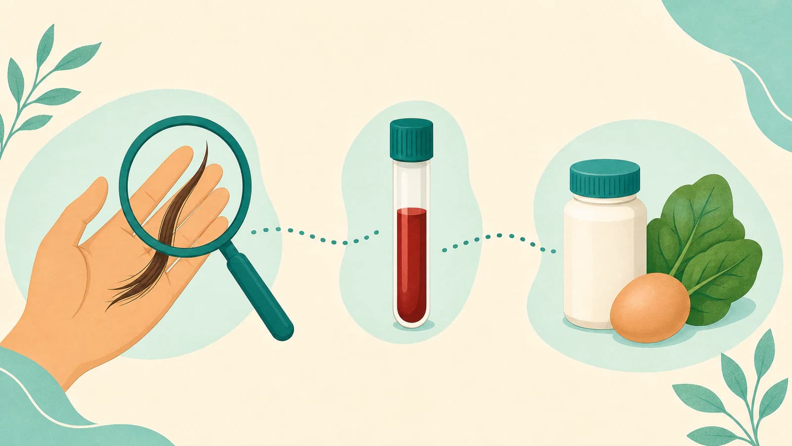 Illustration of three connected steps: a magnifying glass over a hand and hair, a blood test tube, and a small supplement bottle