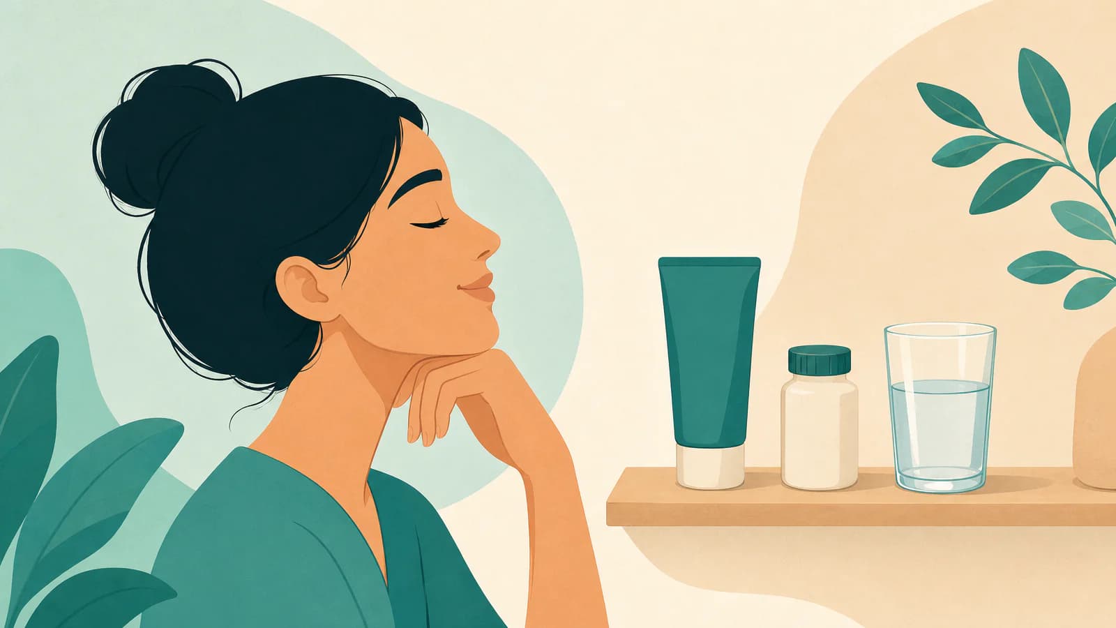 Illustration of a bathroom shelf with a cleanser, a small supplement bottle and a glass of water, beside a calm face in profile