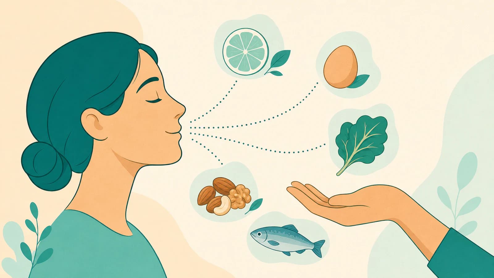 Illustration linking soft outlines of a face and a hand to small food icons such as citrus, eggs, leafy greens and nuts