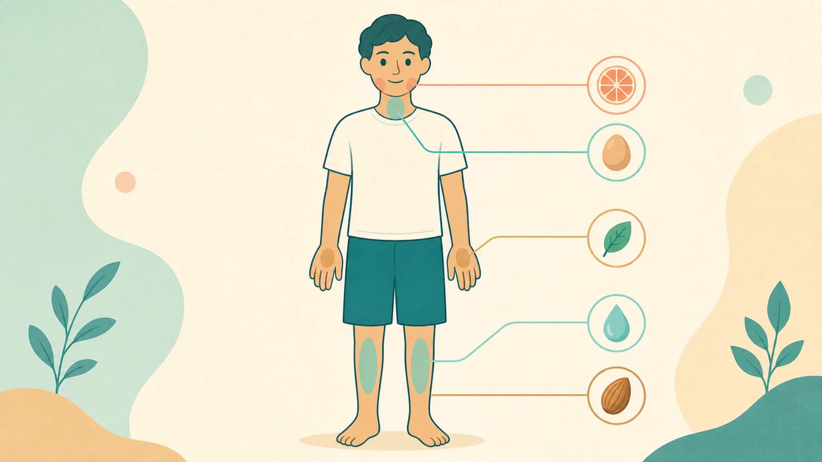 Diagram of a body outline with colour-coded zones around the mouth, the neck, the hands and the shins, each matched to a nutrient icon