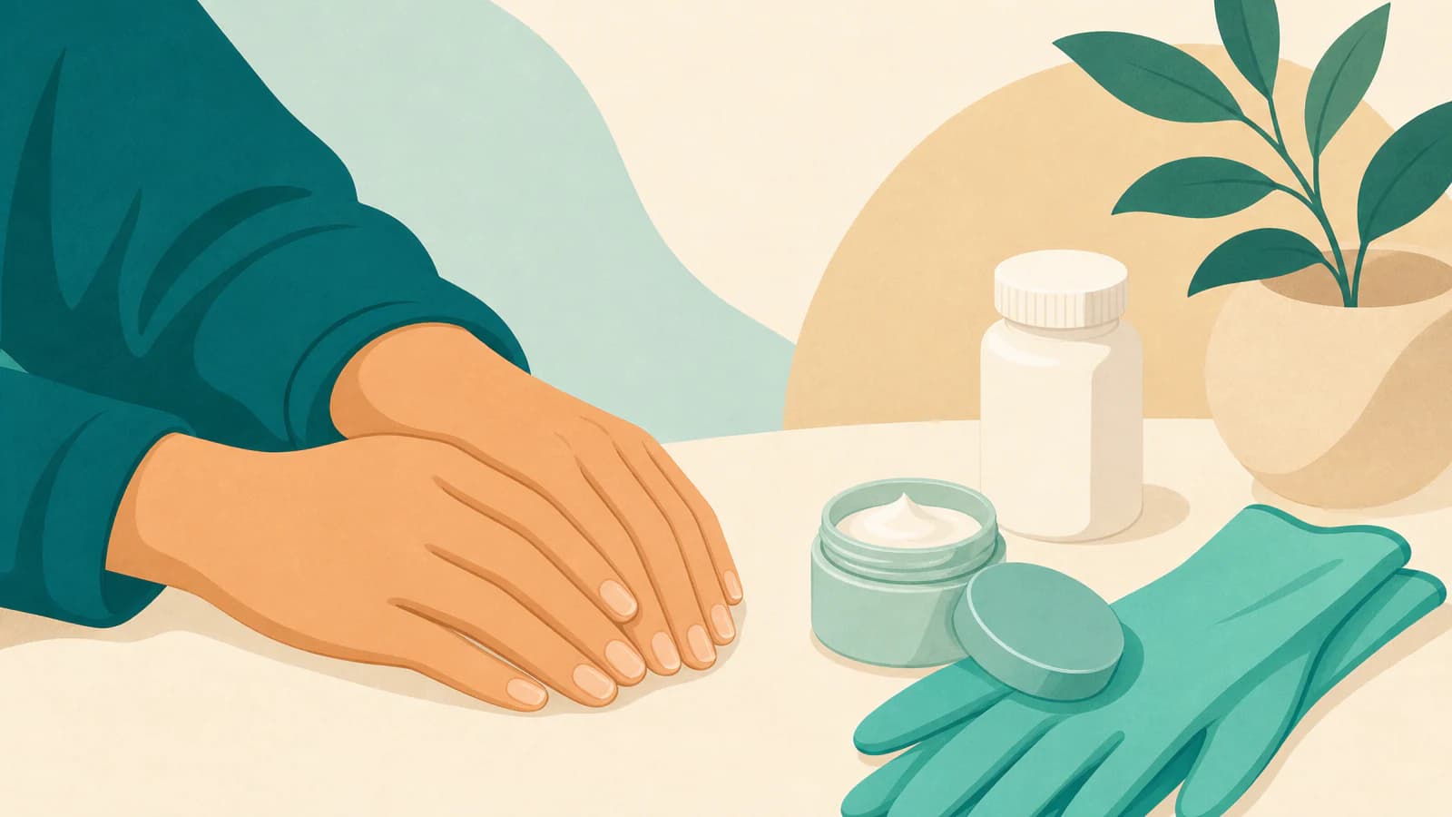 Illustration of hands with short natural nails resting next to a pair of cleaning gloves, a jar of hand cream and a small supplement bottle