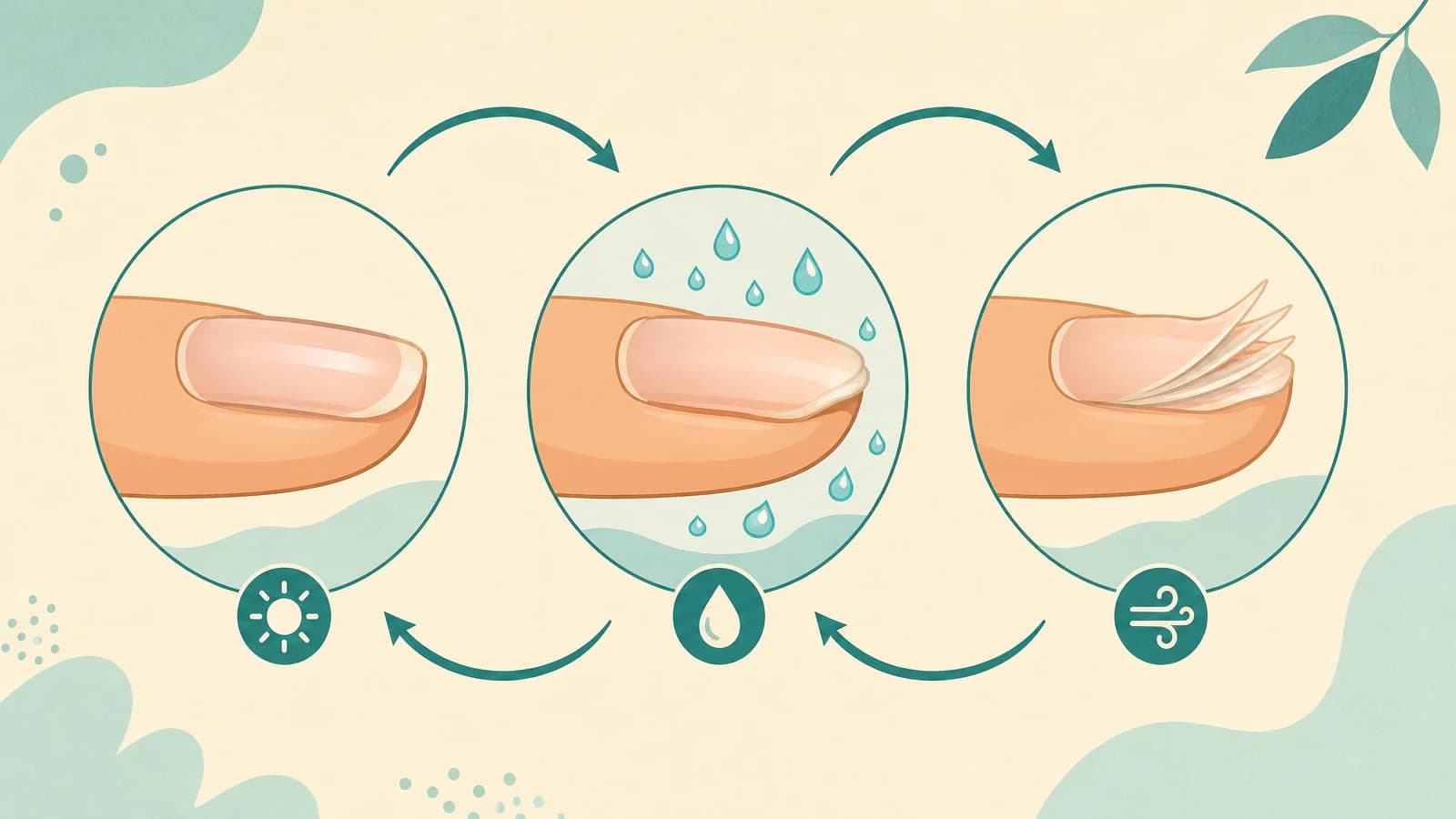 Diagram of a nail tip splitting into thin layers after repeated wetting and drying