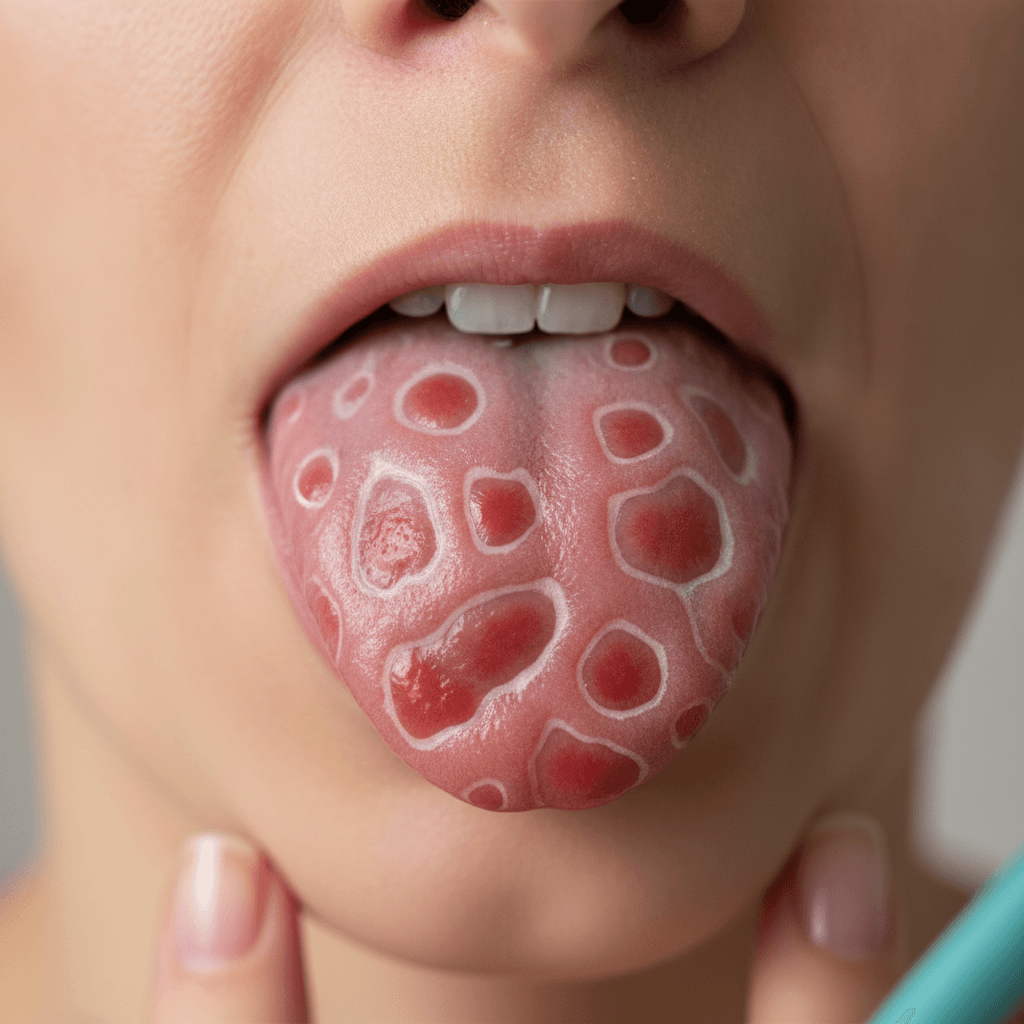 Tongue showing smooth red patches with pale raised borders in a map-like pattern