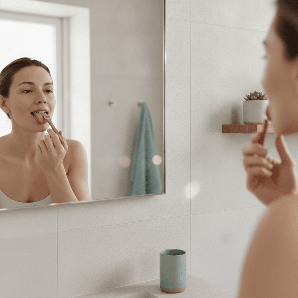 Person looking at their tongue in a mirror