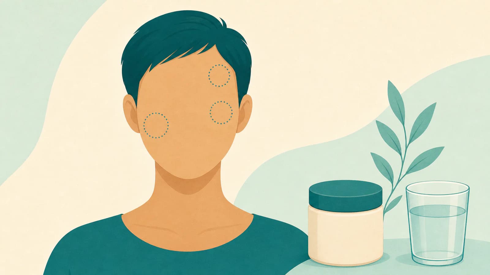 Illustration of a faceless head-and-neck silhouette with soft dotted circles over the cheek, temple and under-eye areas, a plain cream jar and a glass of water