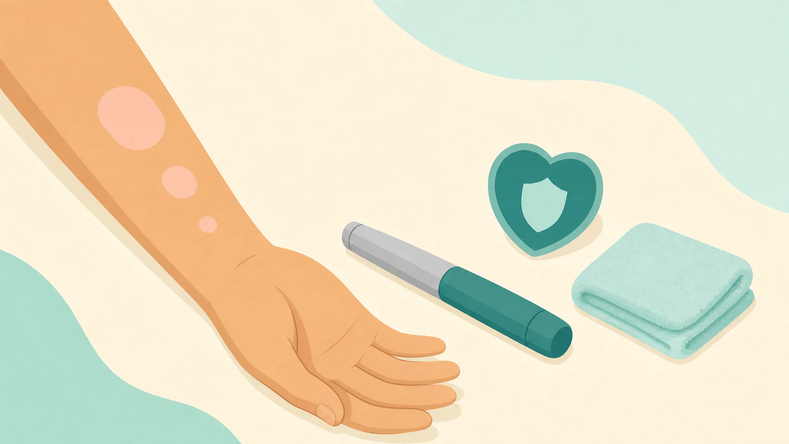 Illustration of a forearm outline with a few soft pink patches next to a generic weekly injection pen and a small teal shield icon