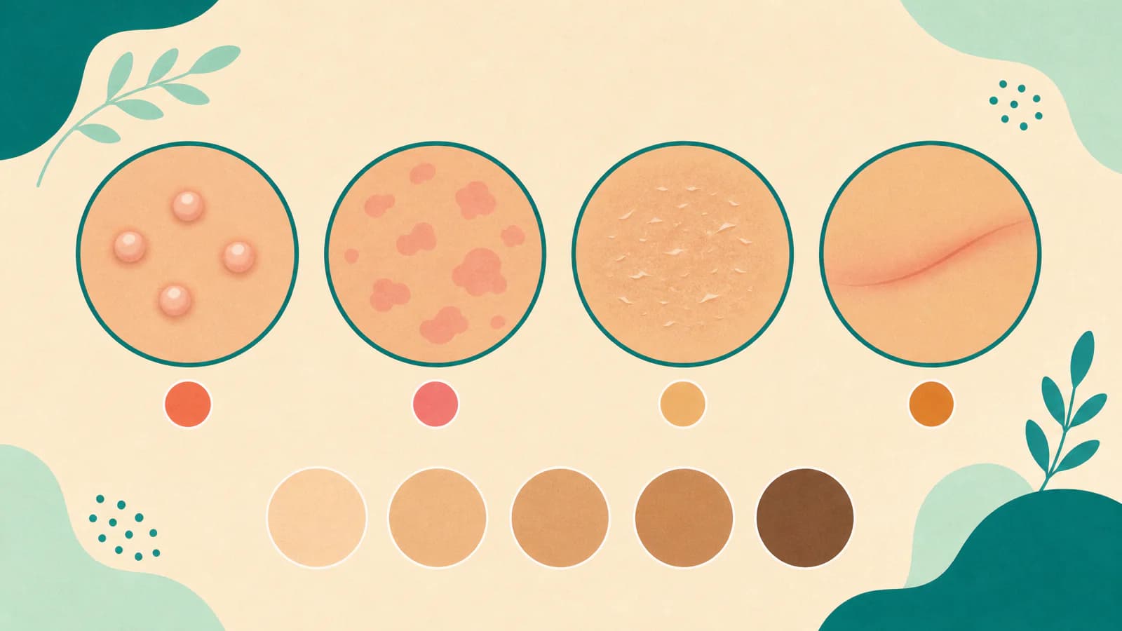 Illustration of four skin swatches side by side: raised round welts, flat blotchy spots, a dry flaky patch and a reddened skin fold