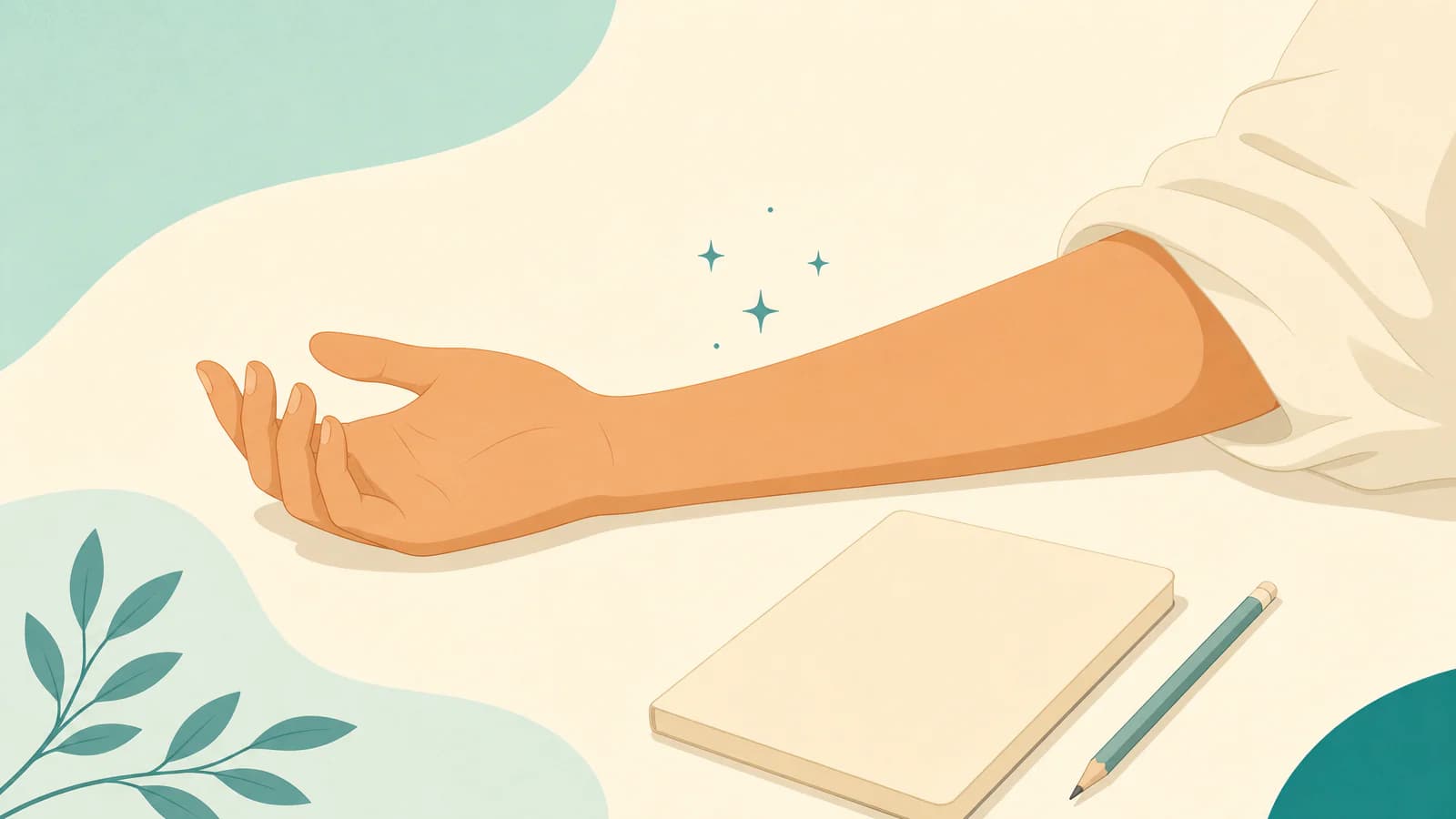 Illustration of a soft cotton shirt sleeve resting on a calm arm outline with a few teal sparkle marks, and a notebook with a pencil beside it